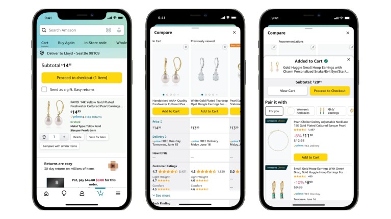 three different amazon app screens next to each other showing how you can compare similar items and then add the best one to your cart
