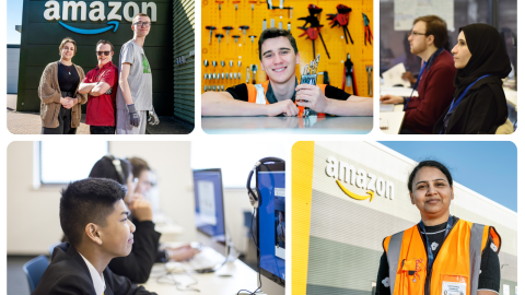 A collage of images showing the young people in the various UK skills programmes available at Amazon