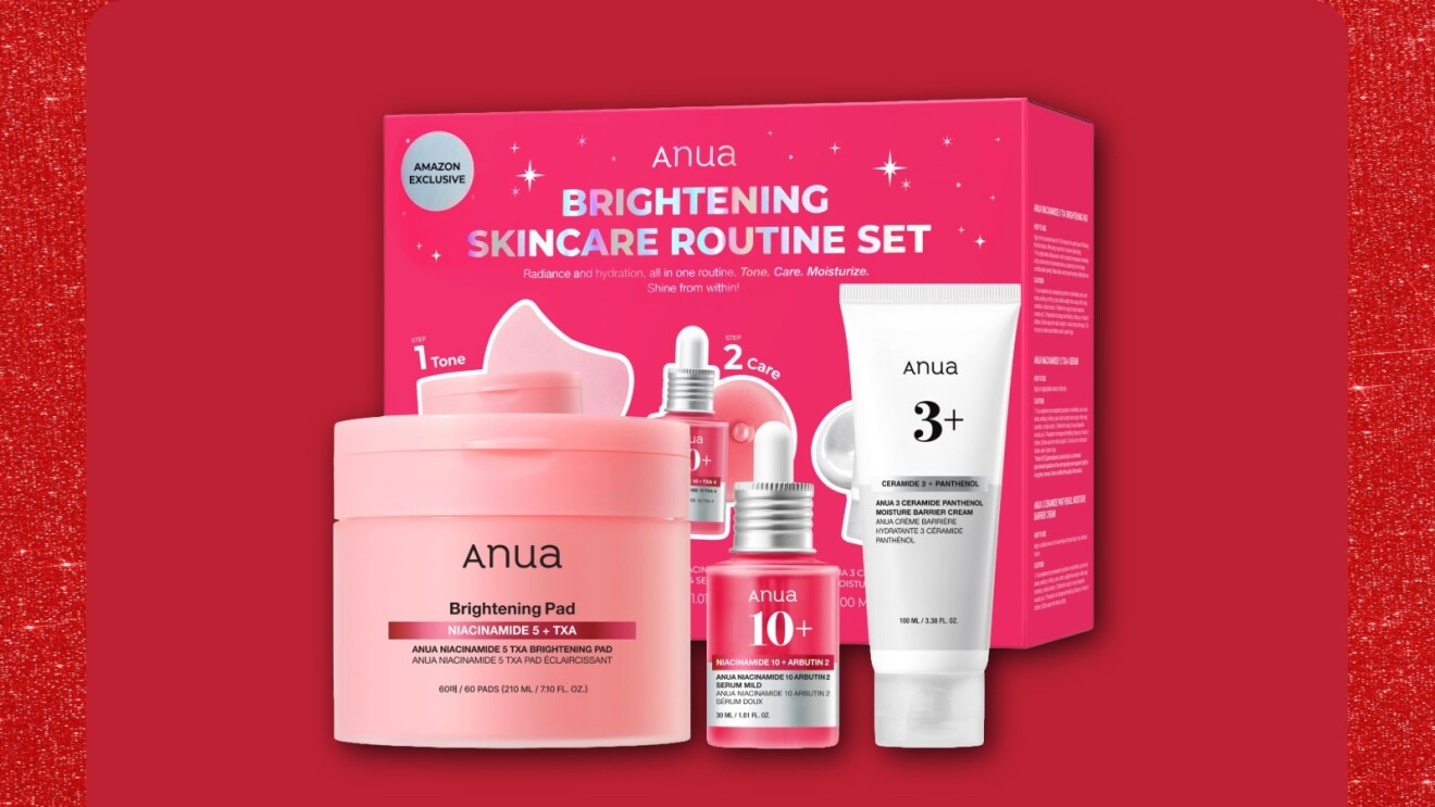 Anua Brightening Skincare Routine Set with pink packaging on red background