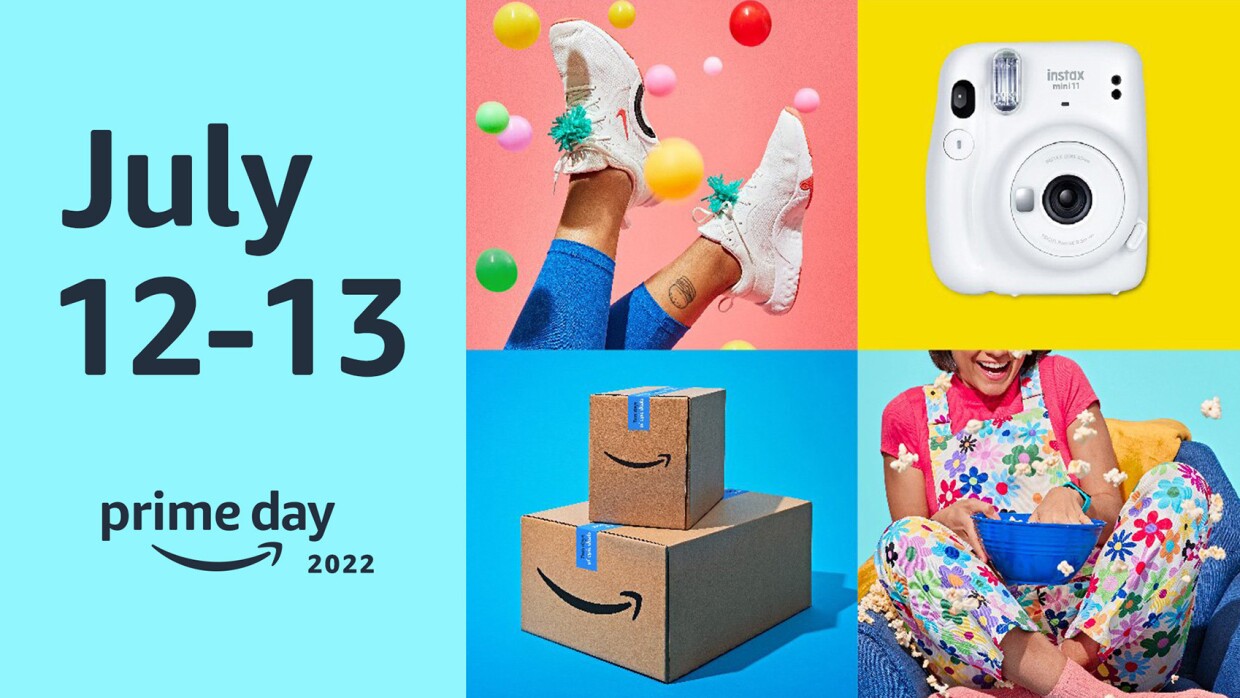 An illustrated image showing a colorful collage of images of Amazon boxes, Nike tennis shoes, a Polaroid camera, and a woman eating popcorn on her couch. Text on the left side of the image says "July 12-13." The Amazon Prime Day logo is below the text and the data "2022" is next to the logo.
