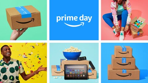 collage of six images. in the top left corner a hand holds up a sealed amazon package against a mint green background. in the middle is the prime day logo on a blue logo. in the top right corner a woman is sitting down tying her shoes next to a stack of amazon boxes against a pink background. in the bottom left corner a man throws confetti in the air against a yellow background. in the middle bottom a bowl of popcorn and an amazon tablet sit on top of amazon boxes. in the right bottom corner a stack of three amazon boxes of various sizes sit on top of each other against a blue blackground