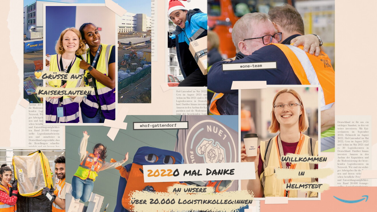 Collage mit Bilder der Amazon Logistikzentren in Helmstedt, Kaiserslautern und Hof-Gattendorf.