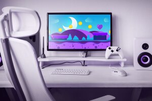 An image of a purple gaming setup with a screen showing an illustration. 