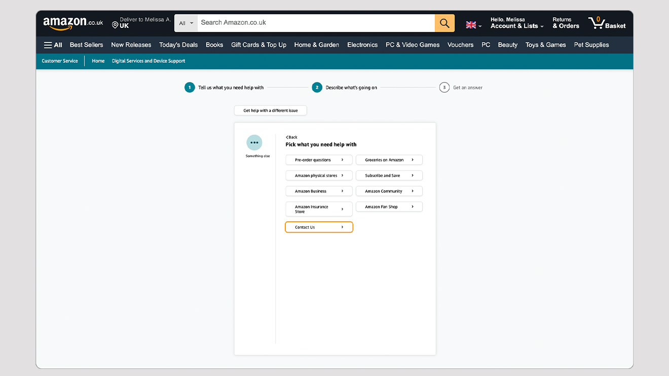 Amazon Customer Service contact us page