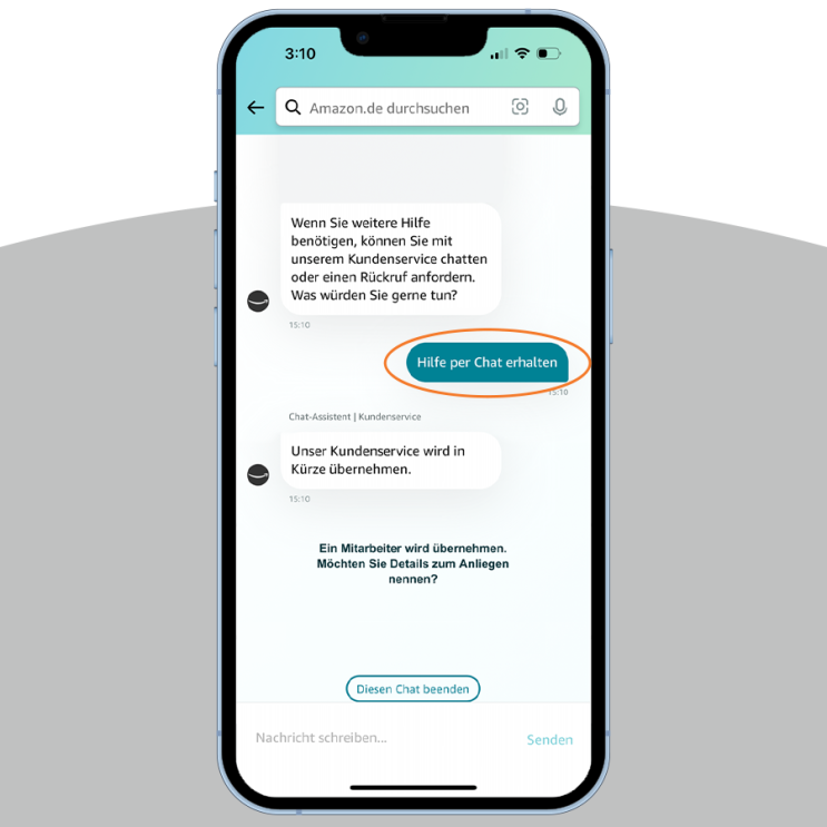 Screenshots für mobile Ansichten: So kann man mit dem Amazon Kundenservice chatten.