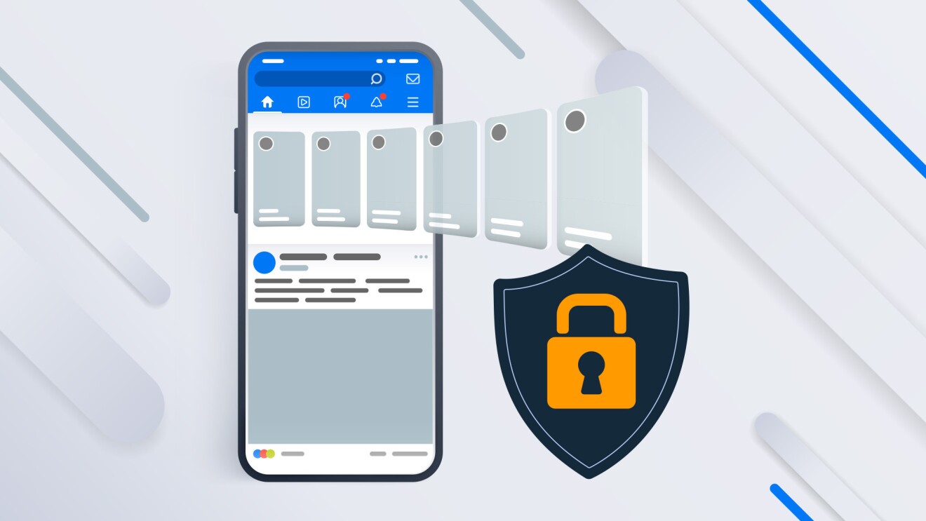 屏幕上出现了一个带有社交媒体网络的手机图形,手机旁边有一把挂锁。