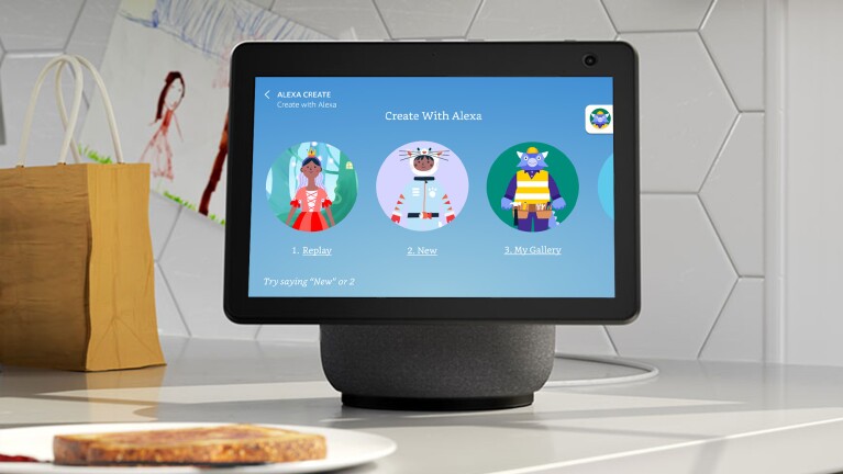 Amazon Echo Show sits on a countertop with a screen open that reads, "Create With Alexa."