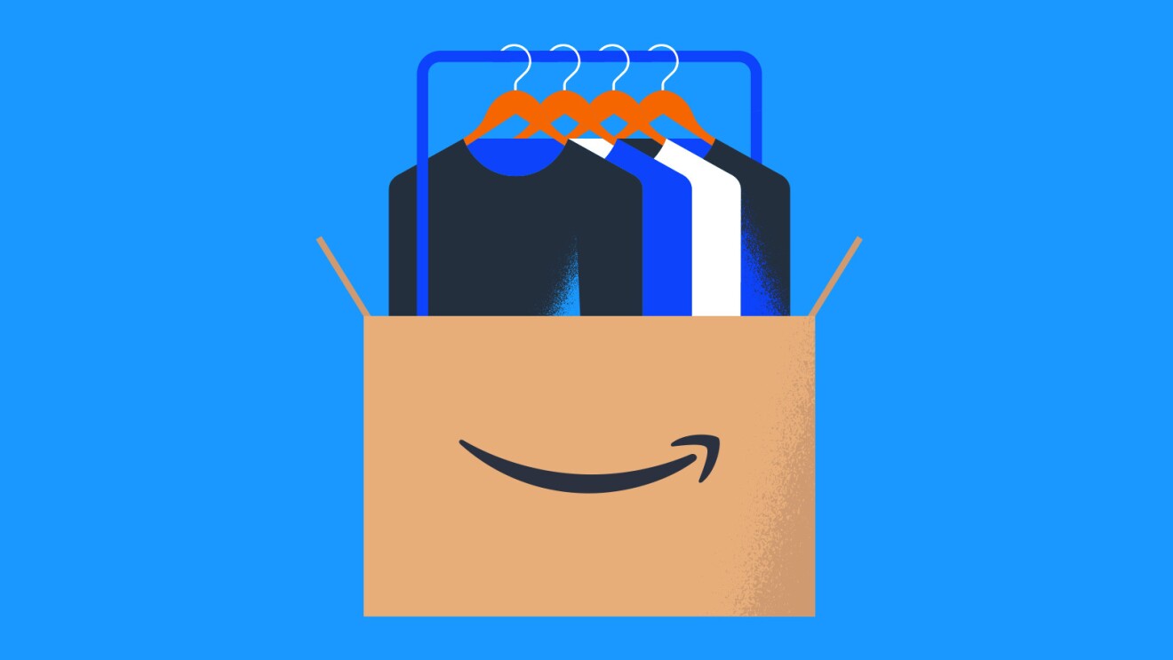 An illustrate image of a rack of clothing coming out of an Amazon box