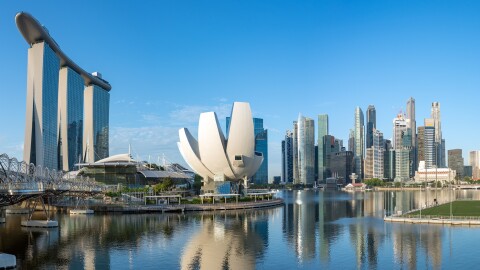 A skyline of Singapore's CBD area with the Marina Bay Sands on the left