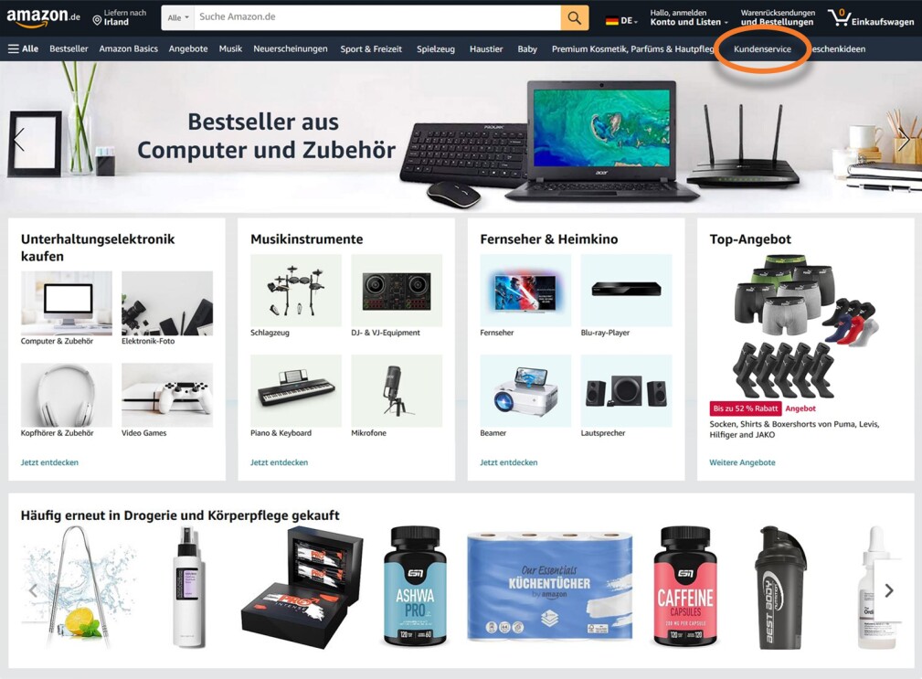 Screenhot der Amazon.de Homepage