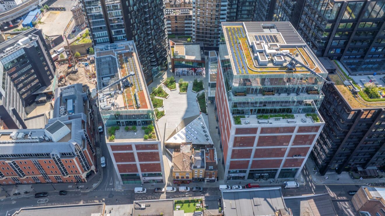 A drone shot that shows the Amazon London offices from an aerial view