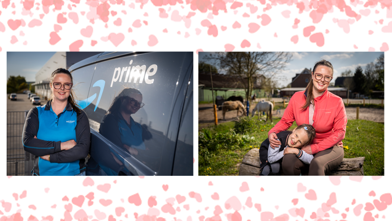 Collage mit Aurelia: Einmal steht sie vor dem Prime Lieferfahrzeug, auf dem anderen Bild ist sie mit ihrer Tochter zu sehen. Im Hintergrund: Pferde.