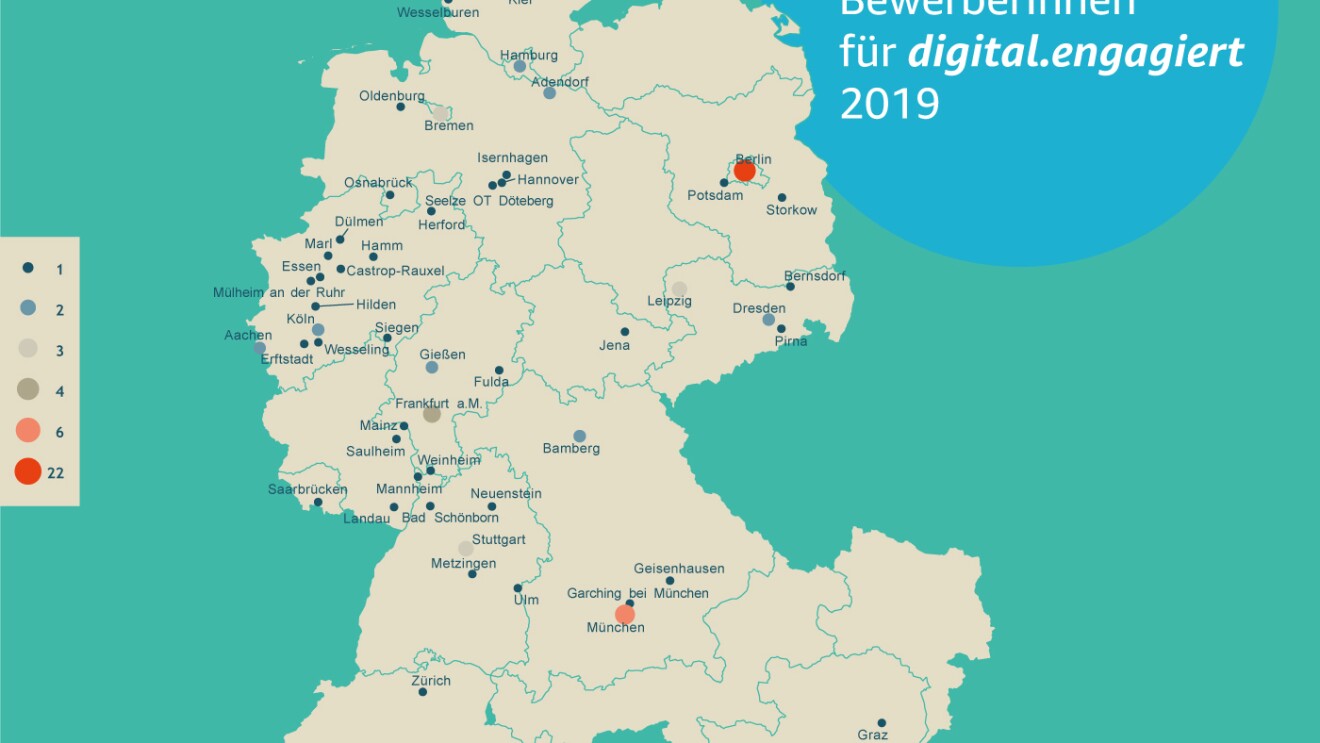 Die Teilnehmer von digital.engagiet kommen aus Deutschland, Österreich und der Schweiz. Die Karte zeigt aus welchen Teilen der Länder sie stammen. Die meisten kommen aus Berlin und München.