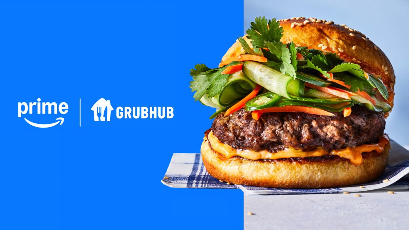 一个汉堡包的图片，上面的文字是：Prime GrubHub。