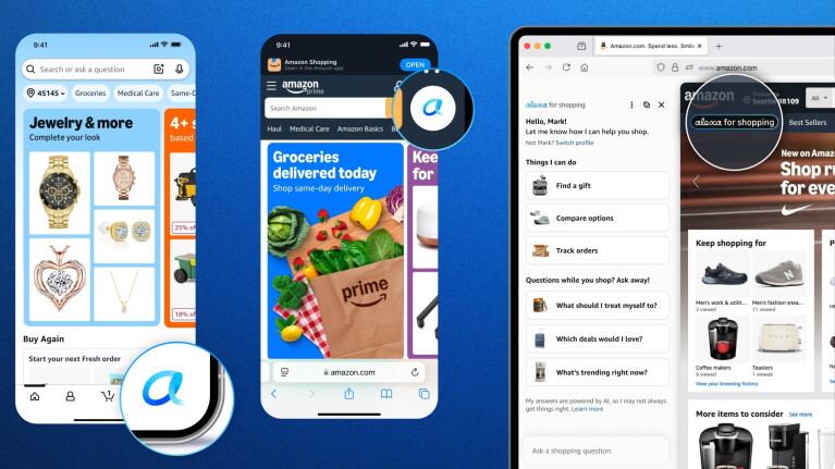 Amazon's Alexa for Shopping interface displayed across mobile devices and desktop browser