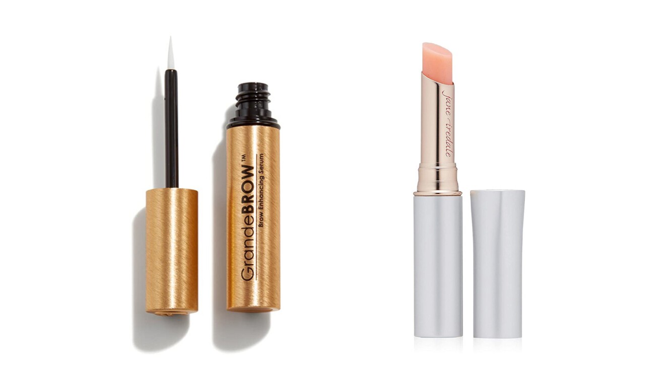 A tube of Grande Cosmetics Brow Serum and a tube of Jane Iredale lipstick.