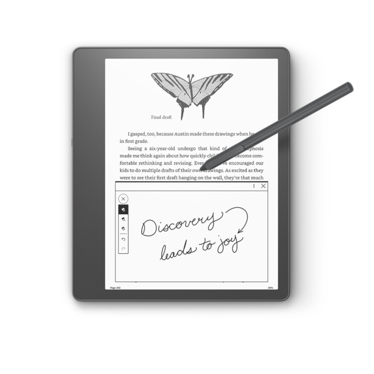 グレーのタブレット型デバイスKindle Scribeと付属のペン 本のページの下部にウインドウがありそこに手書きの文字が書かれている