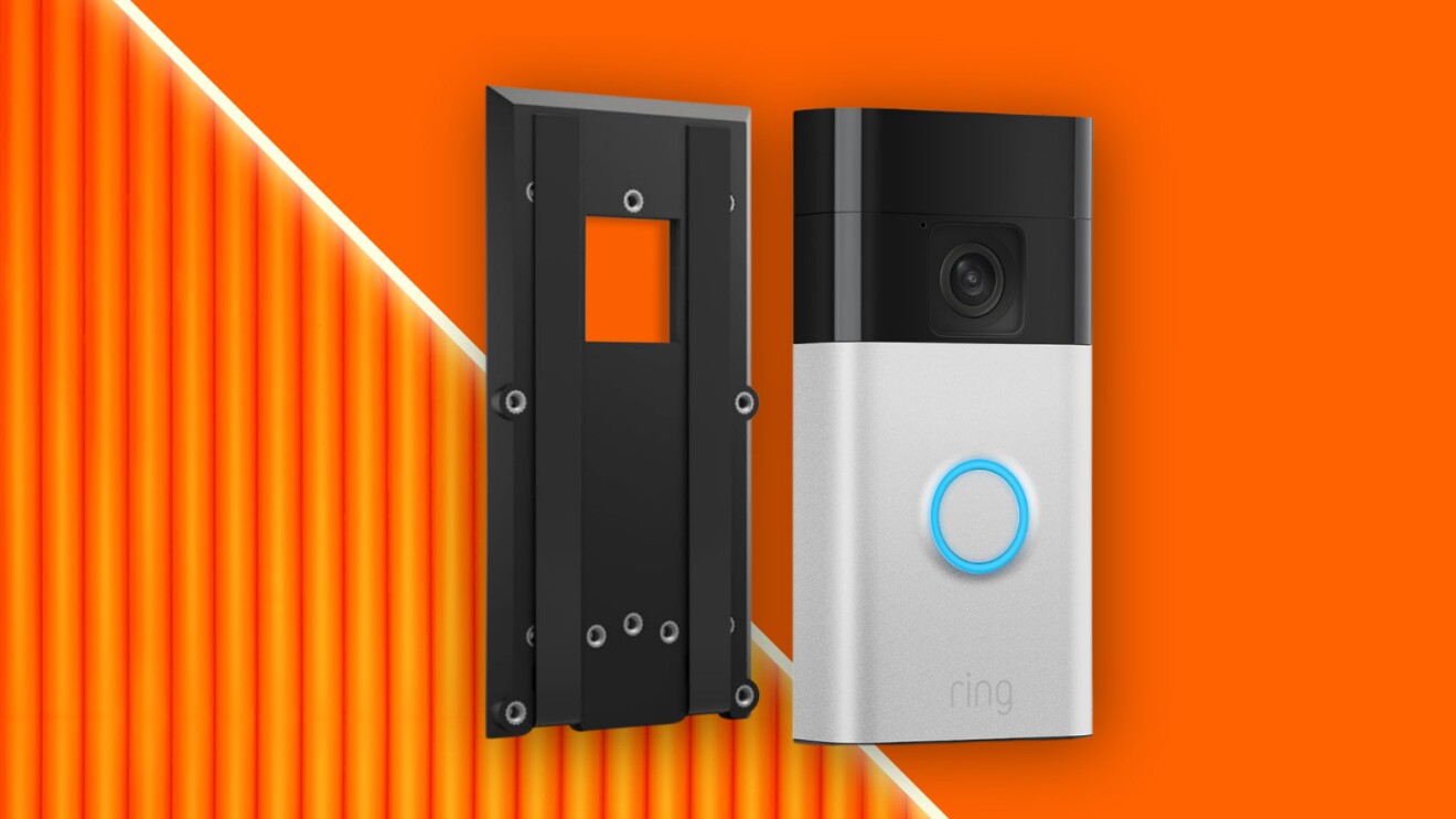 Ring video doorbell and mounting plate against vibrant orange background