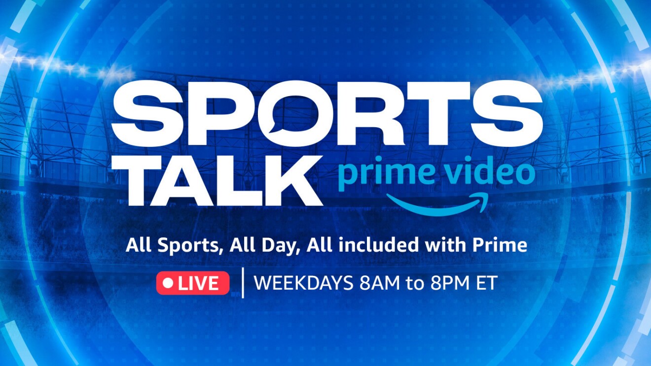 一个图文并举的图片,上面写着“体育谈话”,还有Prime Video标志和一个红色按钮,上面写着“直播”。