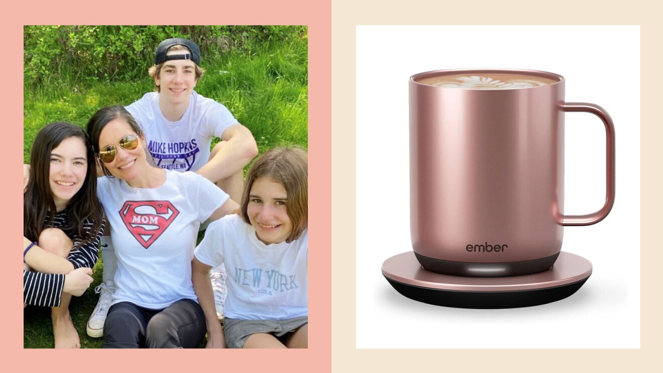 5 moms share their favorite Mother’s Day gifts from Amazon 2 On the left Jennie Warren sits between her three children outside. On the right is a product image of the Ember Smart mug.