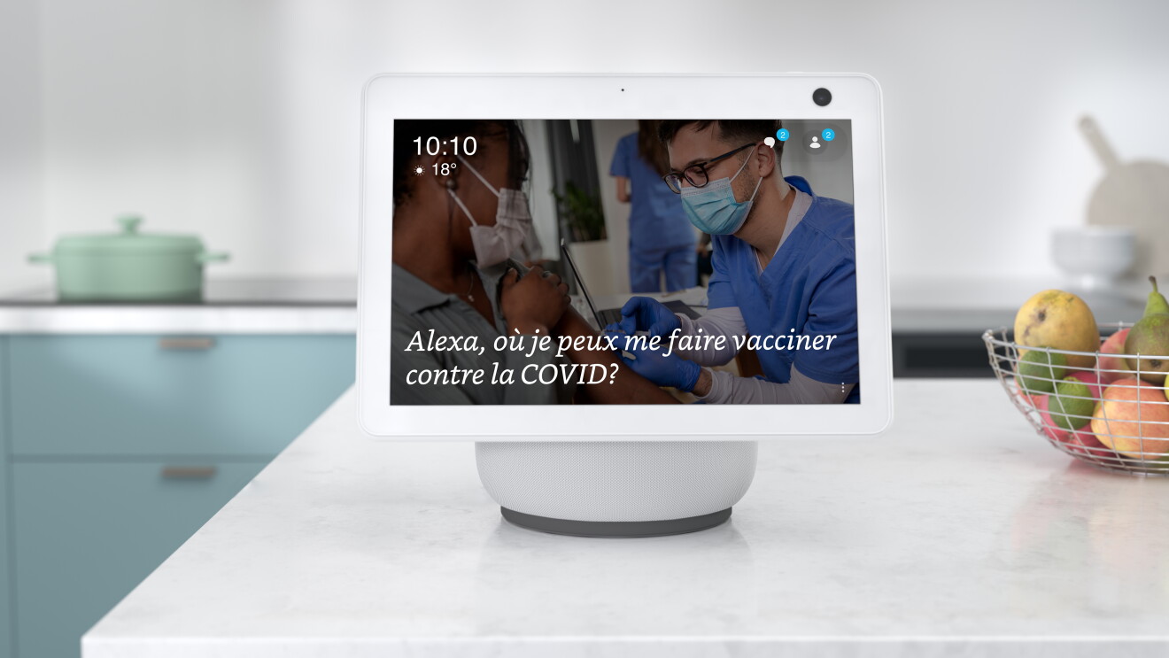 Alexa is asked in French about a nearby COVID-19 vaccination site