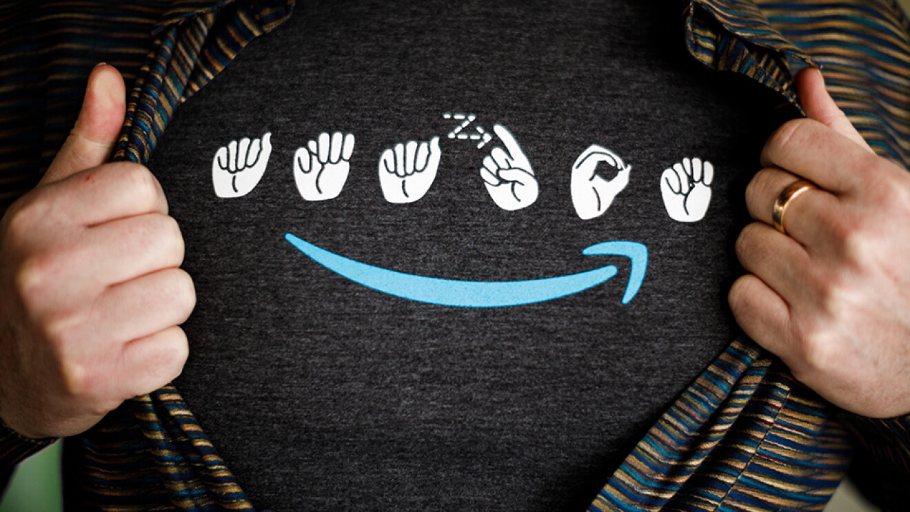 Grey t-shirt with Amazon logo in American Sign Language