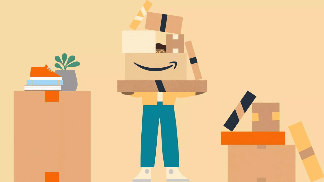 Amazonから配送されたたくさんの段ボール箱を両腕にかかえた人物のシンプルなイラスト。人物の両側にも大きな箱が置かれている。