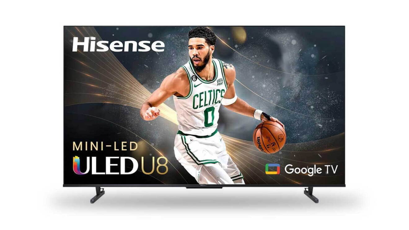 An image of a Hisense 65' flat screen TV. There is a Celtics basketball player featured on the screen in an action shot dribbling a basketball. There is also text on the screen that says MINI-LED ULEDU8, the Hisense logo in the top left, and the Google logo in the bottom right.