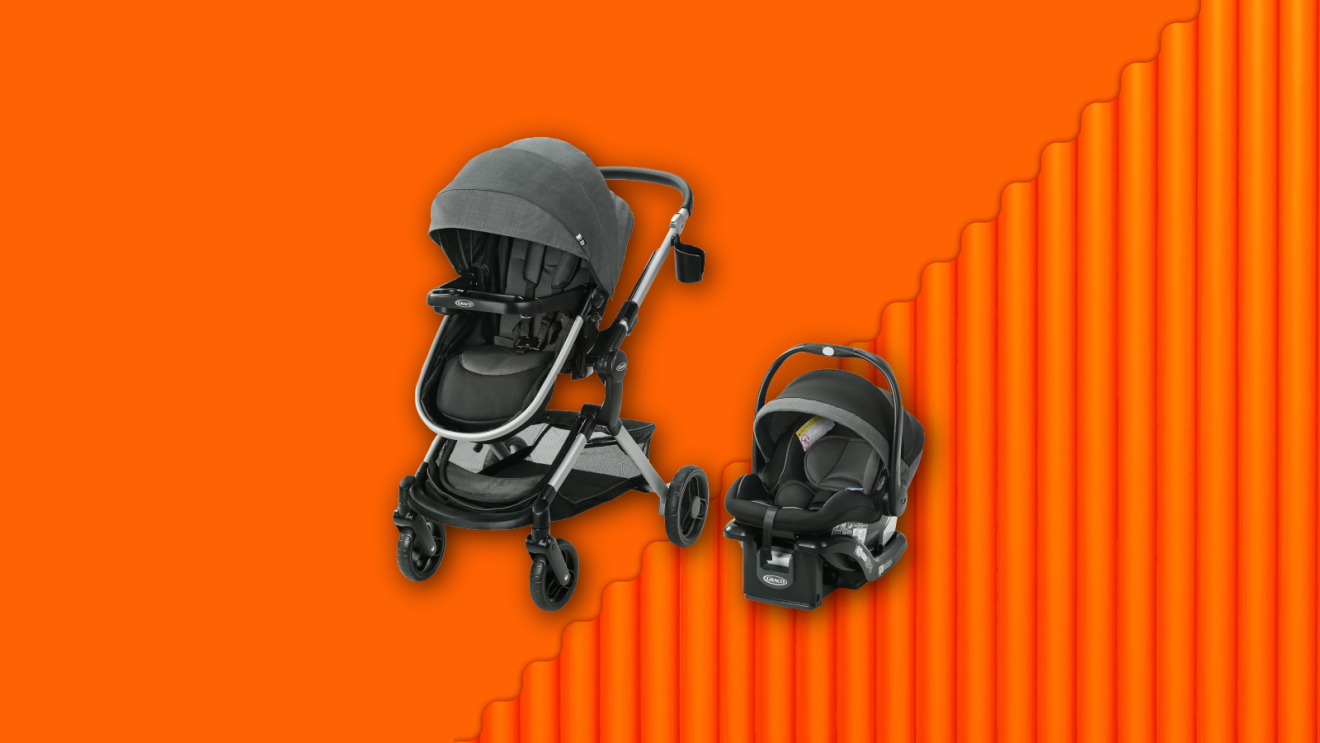 Graco stroller and carseat floating on a vibrant orange background.