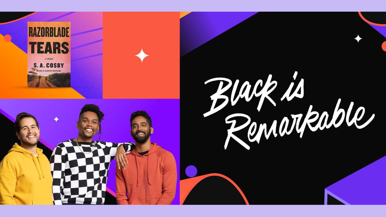 An illustrated image for the Black is Remarkable campaign that shows a book cover and three men smiling on the left side, and "Black is Remarkable" logo on the right side. 