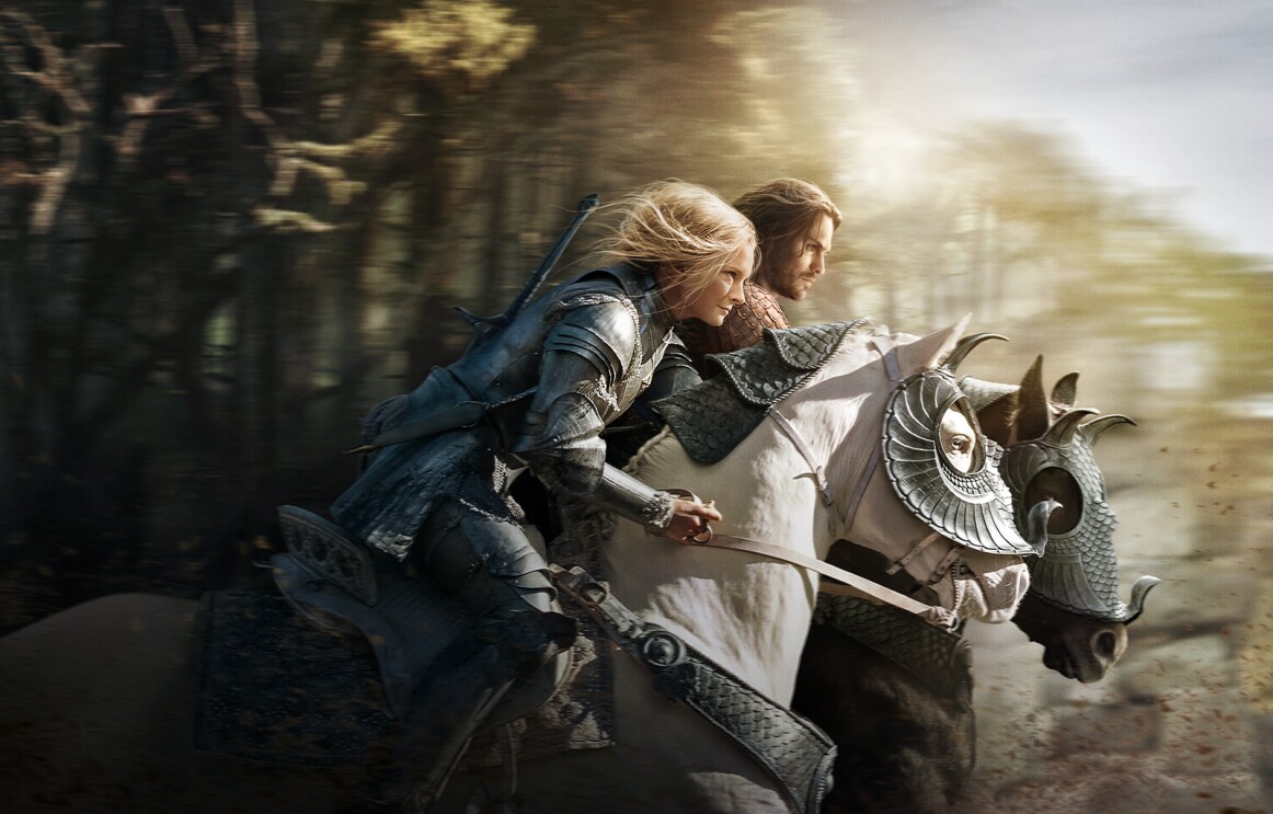 Galadriel and Halbrand from Amazon's Lord of the Rings series ride horses through a forest.