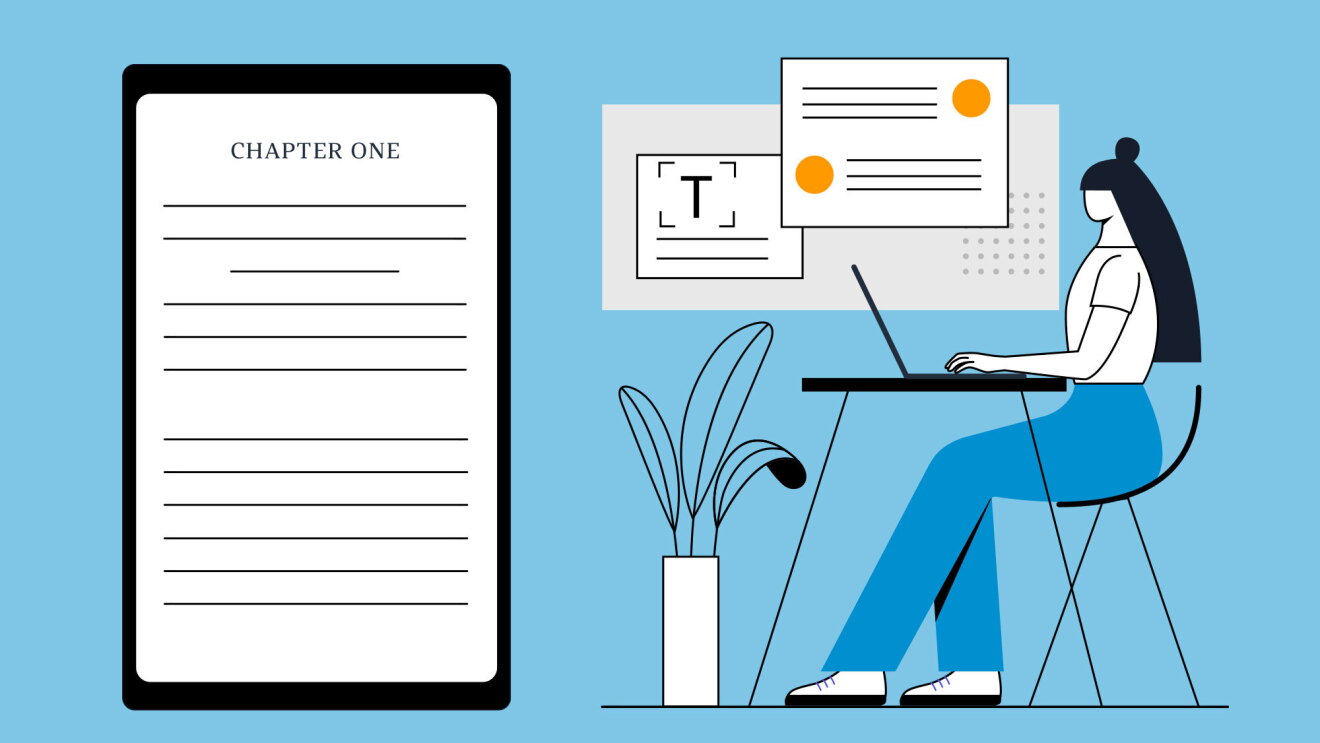 Illustration of person typing near a giant Amazon Kindle.