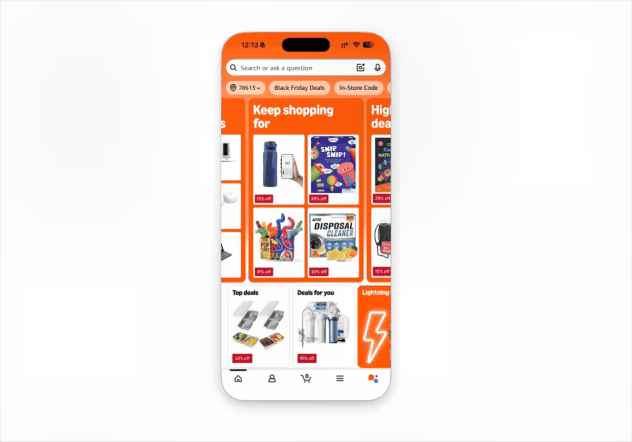Amazon app interface showcasing Black Friday deals and product discounts. Animation is displaying how to find customer service support