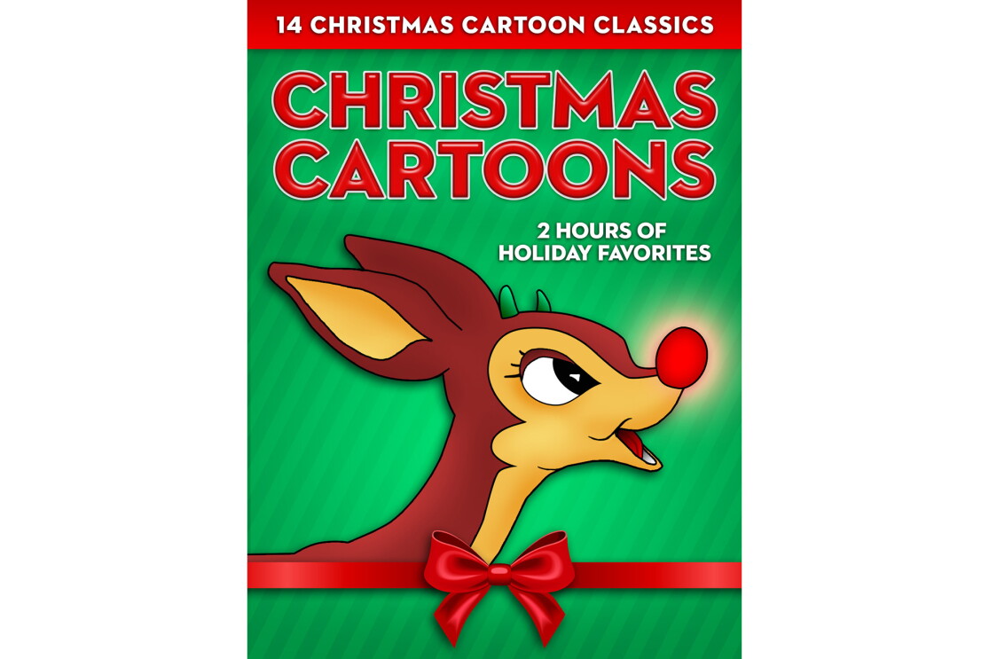 Cover art for "Christmas Cartoons" animated cartoon classics, with Rudolph the red-nosed reindeer smiling as his nose glows, in front of a green-on-green striped background.