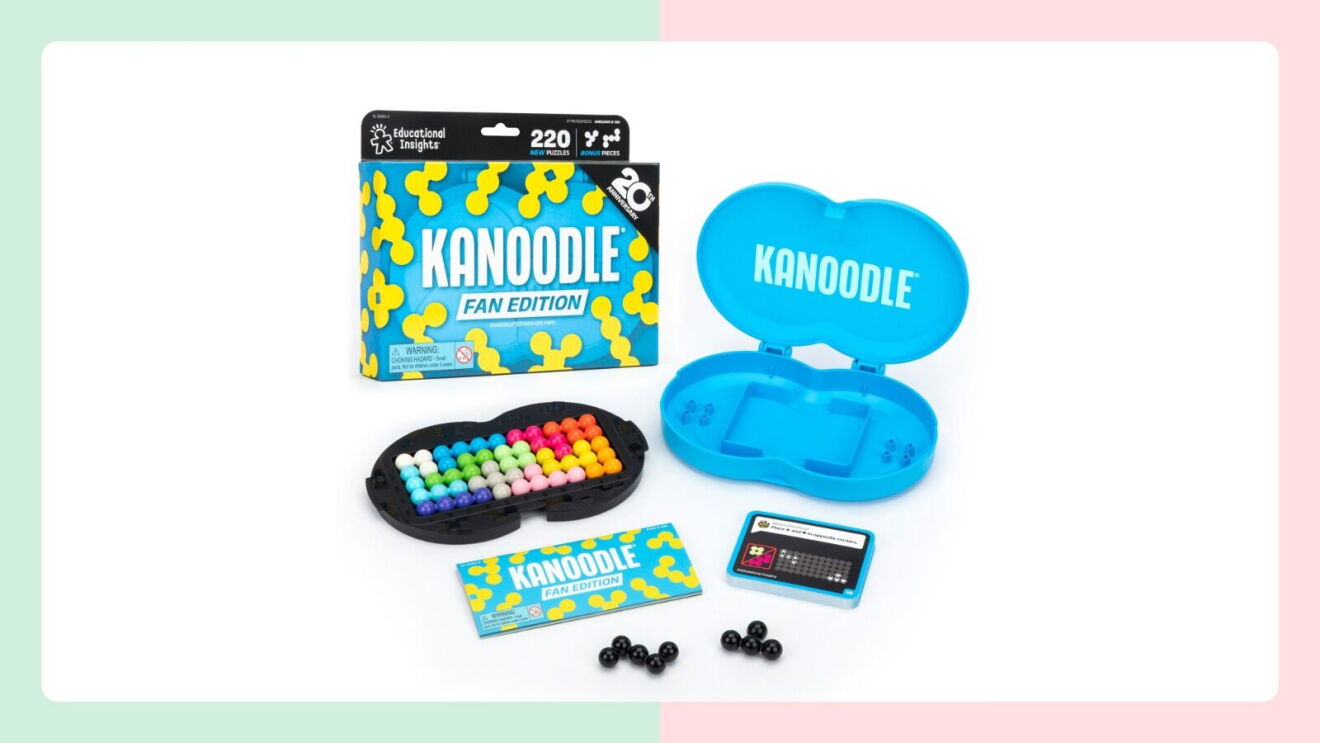 Kanoodle Fan Edition puzzle game box with colorful bead puzzle board, blue carrying case, challenge cards, and black puzzle pieces