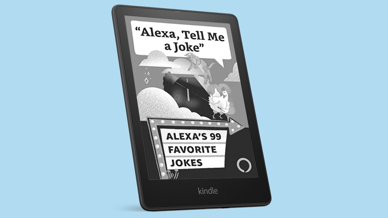 A Kindle with the book, "Alexa's 99 Favorite Jokes" displayed.