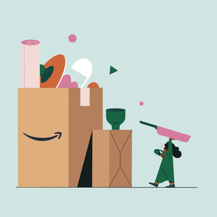 A colorful illustration of Amazon boxes containing kitchen items while a person nearby holds a pink frying pan.