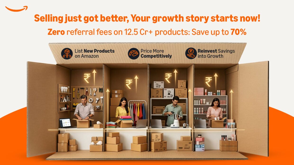 Illustration of Amazon seller benefits: listing new products, competitive pricing, reinvesting savings
