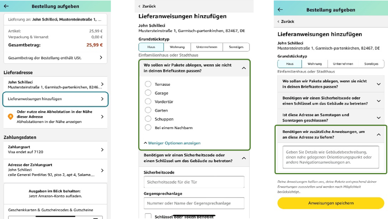 Screenshot der Amazon App, um Lieferanweisungen zuzufügen.