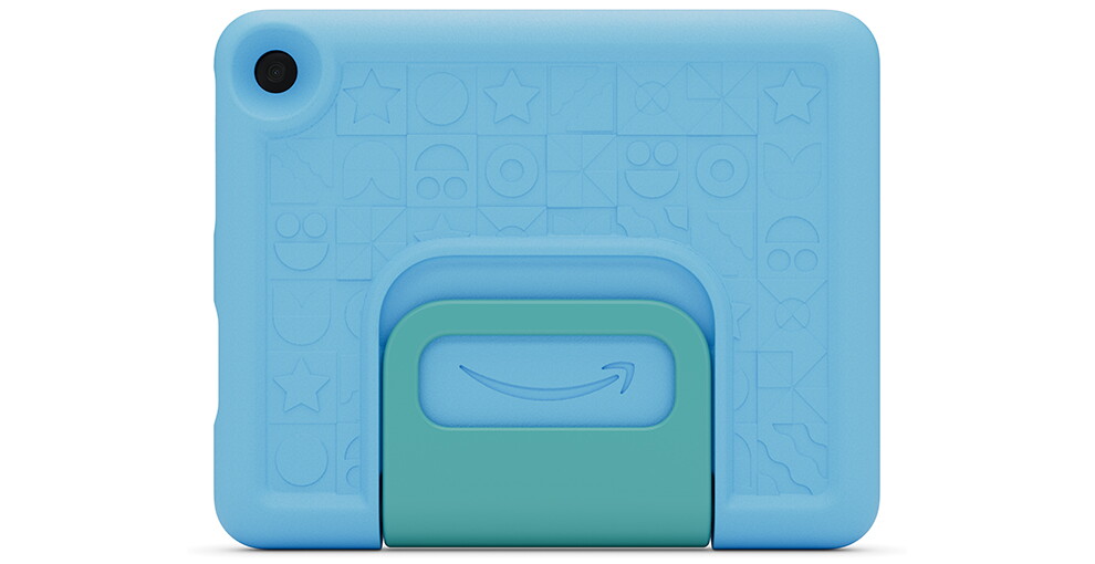 水色のタブレットの背面。左上隅にカメラレンズの穴。中央にAmazonロゴ。
