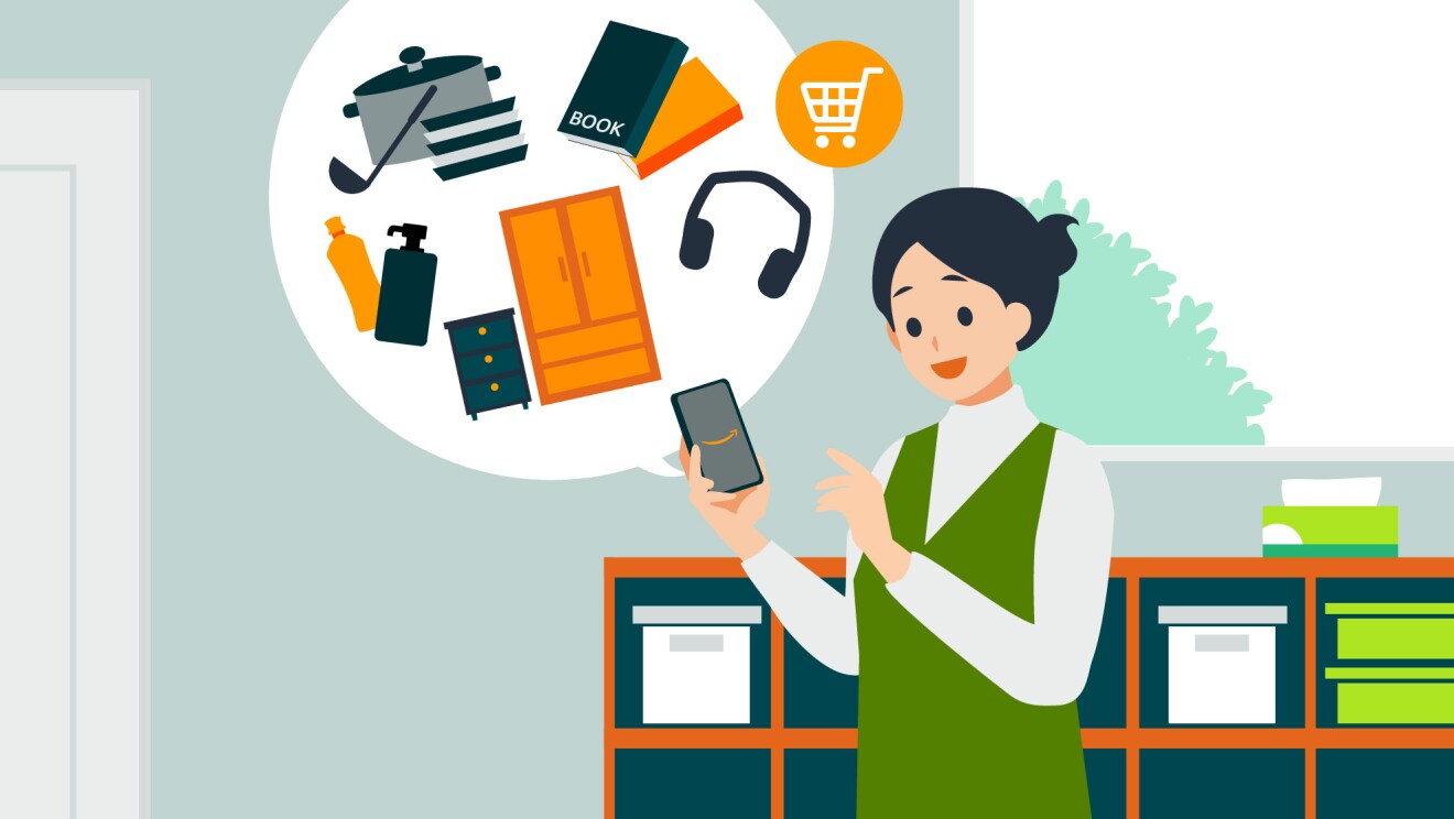 白いタートルネックに緑のワンピースを着て、部屋の棚の前に立っている女性がAmazonのロゴが表示されている携帯を持っているイラスト。その携帯の中を表すような吹き出しの中に家具や本、ヘッドフォンなど様々な商品がある