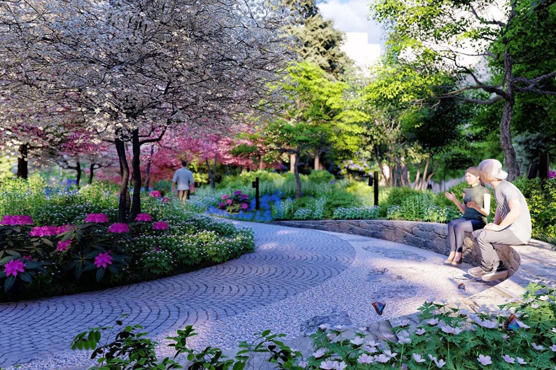 Image renderings showing the Met Park at Amazon's second headquarters in Arlington, Virginia.