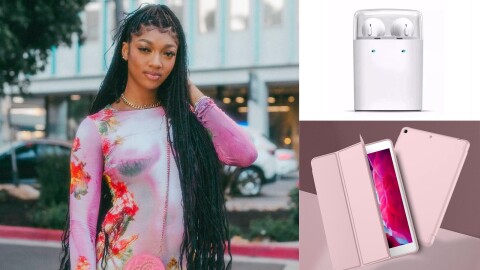 图像的拼贴画。左边:天使里斯提出了外面。右上:一双空气豆荚。在右下角:iPad亮粉红色防护罩。