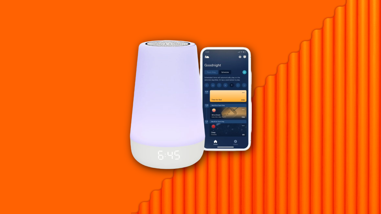 Hatch nightlight floating on a vibrant orange background.