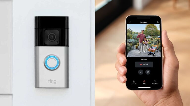 Ring video doorbell next to smartphone showing live front door view