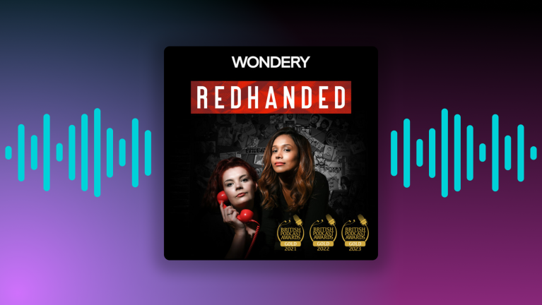 Podcast cover for 'Redhanded' by Wondery, featuring two women and award icons
