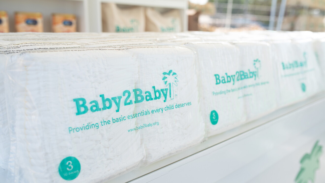 A photo of diapers packaged for shipment by Baby2Baby.