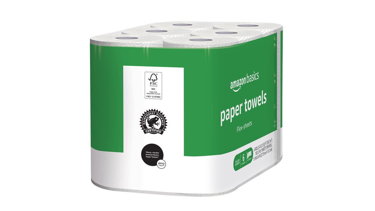 an image of a pack of Amazon Basics paper towels.