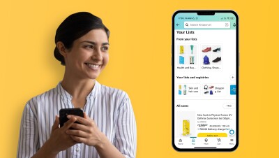 A woman using the Amazon wishlist feature