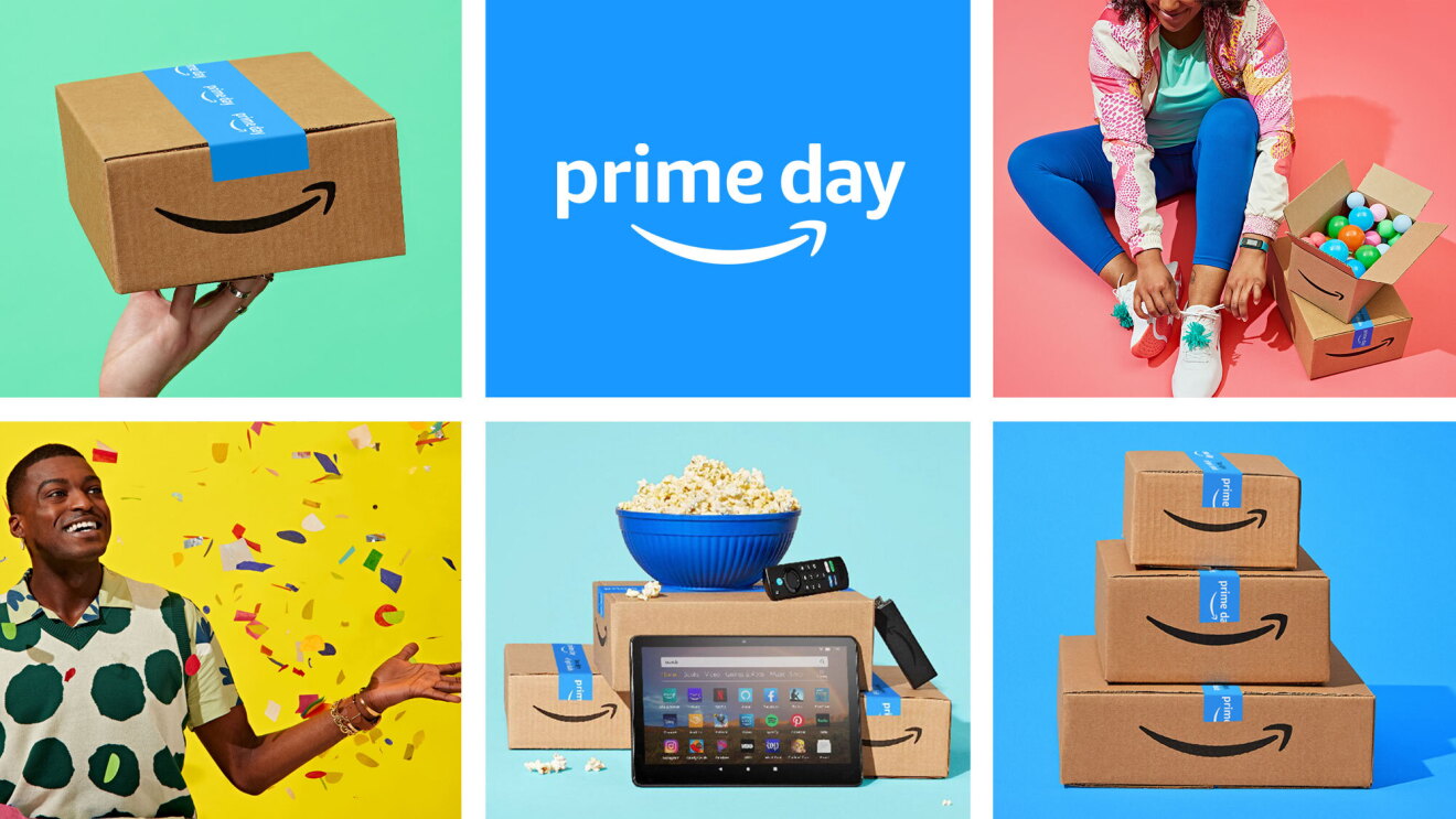 collage of six images. in the top left corner a hand holds up a sealed amazon package against a mint green background. in the middle is the prime day logo on a blue logo. in the top right corner a woman is sitting down tying her shoes next to a stack of amazon boxes against a pink background. in the bottom left corner a man throws confetti in the air against a yellow background. in the middle bottom a bowl of popcorn and an amazon tablet sit on top of amazon boxes. in the right bottom corner a stack of three amazon boxes of various sizes sit on top of each other against a blue blackground